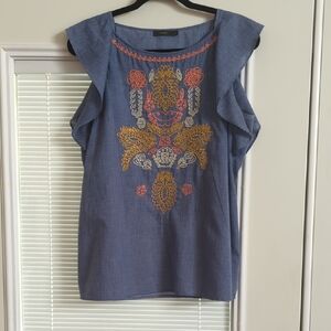 THML Blue Blouse with Floral Embroidery